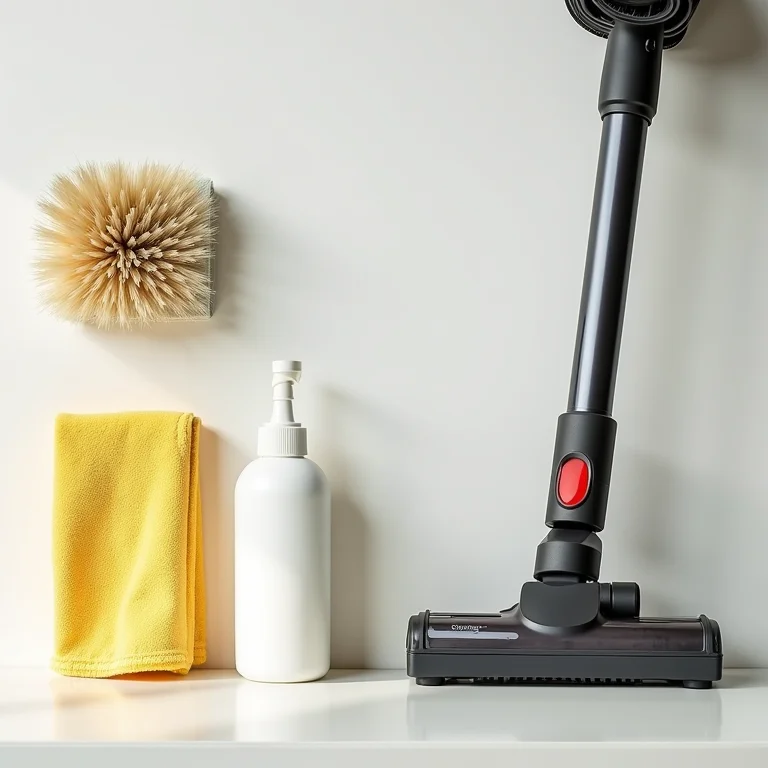 Ferramentas de limpeza para abajur de tecido dispostas em flat lay