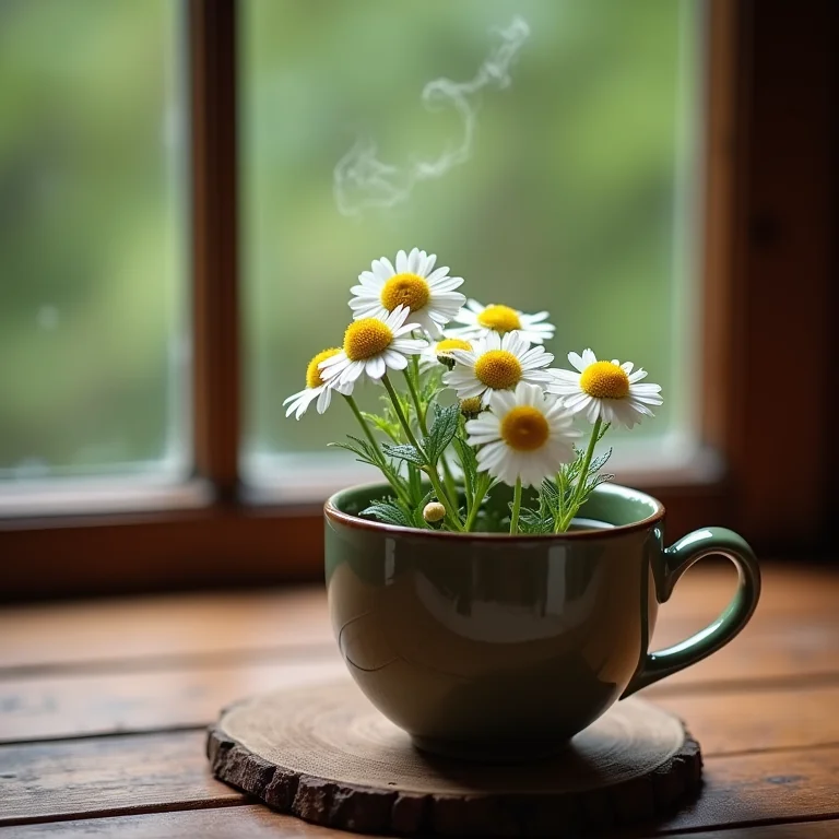 Flores de camomila em infusão para um chá relaxante.