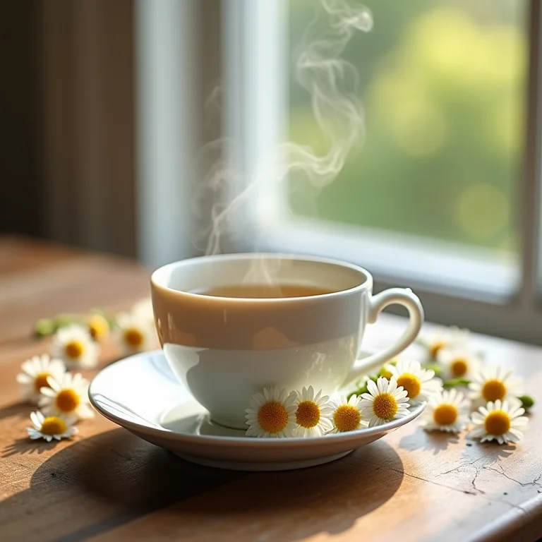 Flores de camomila frescas e secas com xícara de chá fumegante.