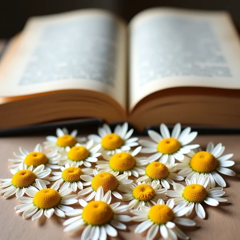 Flores de camomila secas dispostas artisticamente sobre uma mesa rústica.
