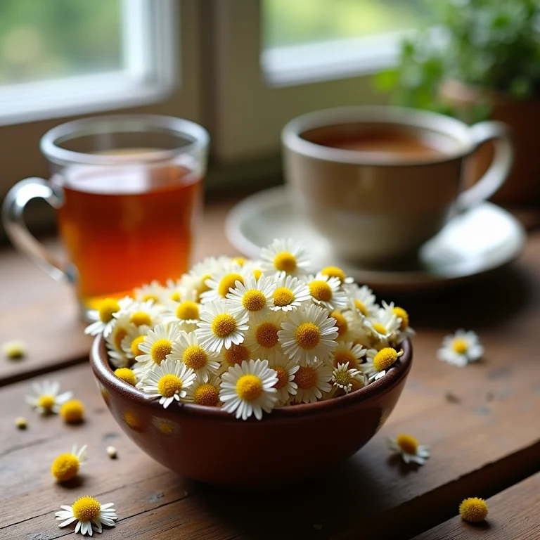 Flores de camomila secas e xícara de chá de camomila.