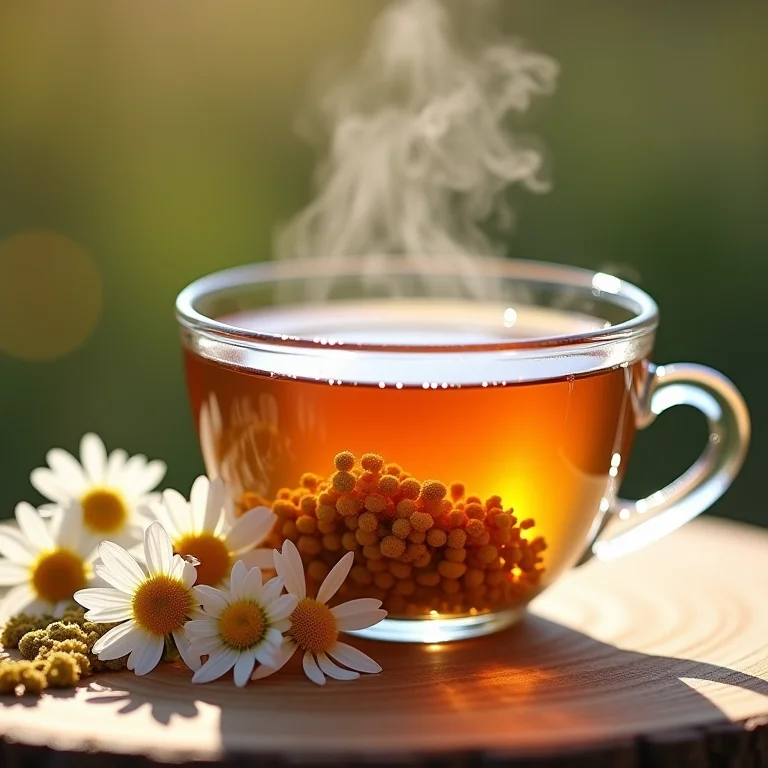 Flores de camomila secas em um recipiente de vidro e xícara de chá de camomila fumegante