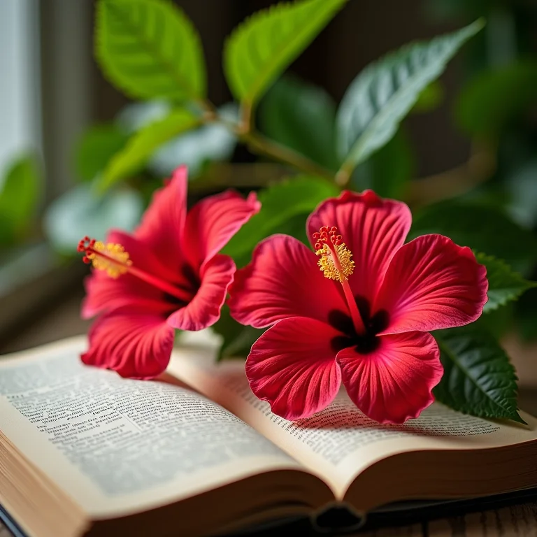 Flores de hibisco e livros em composição que remete a estudos científicos sobre a planta.