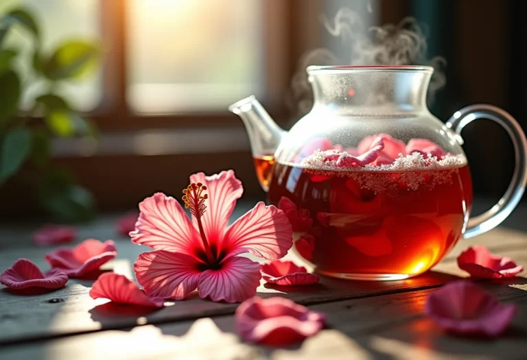 Flores de hibisco e pétalas secas em mesa rústica com bule de chá fumegante.