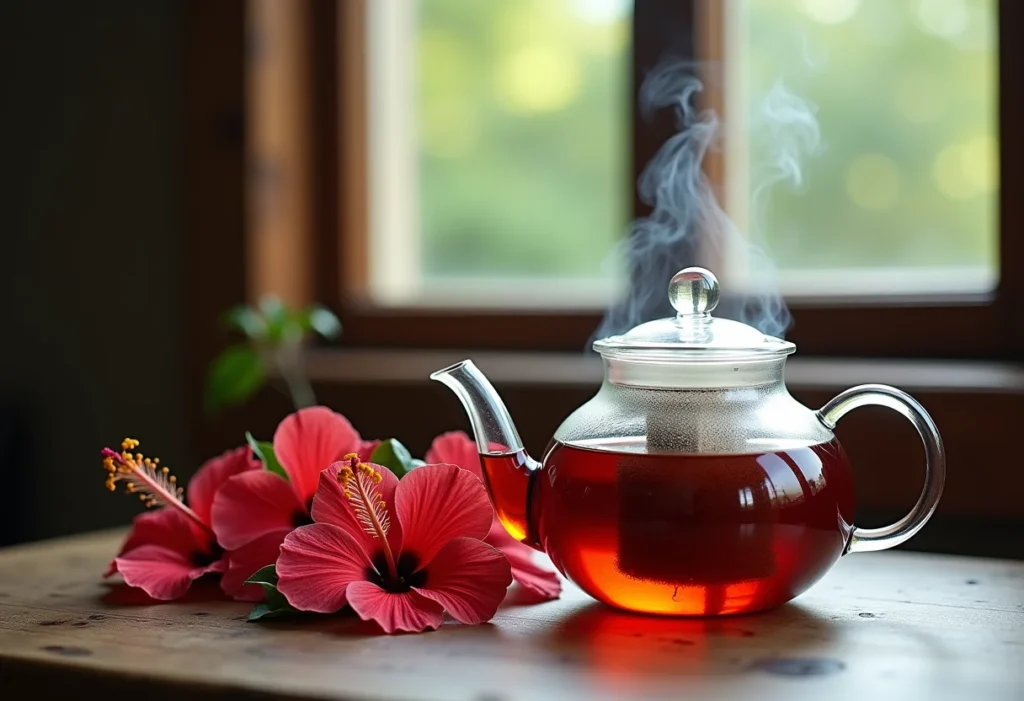 Flores de hibisco secas e bule de vidro com chá fumegante em mesa rústica.