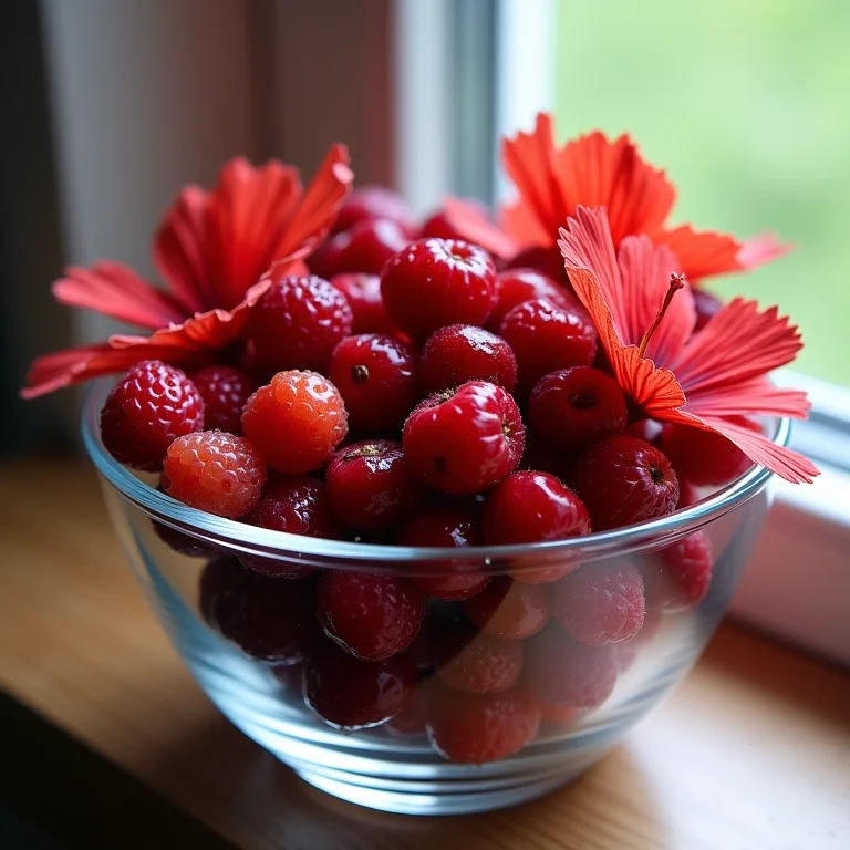 Flores de hibisco secas e frutas vermelhas em tigela de vidro