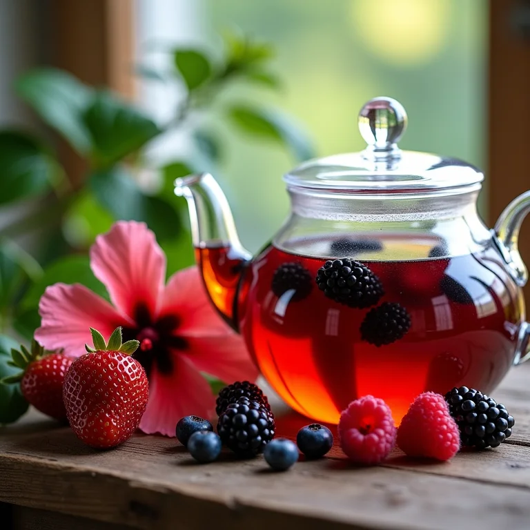Flores de hibisco secas e frutas vermelhas frescas para infusão.