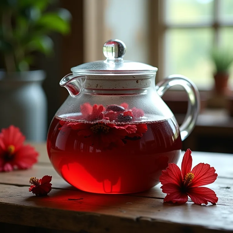Flores de hibisco secas sendo preparadas em um bule de vidro