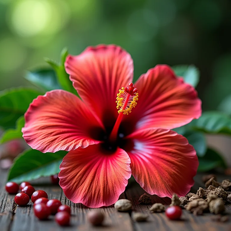 Flores de hibisco secas sobre mesa de madeira rústica.