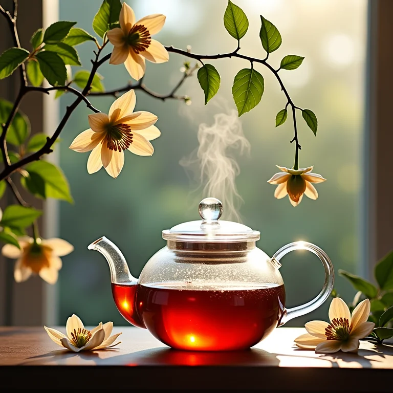 Flores e folhas de maracujá sobre bule de chá fumegante