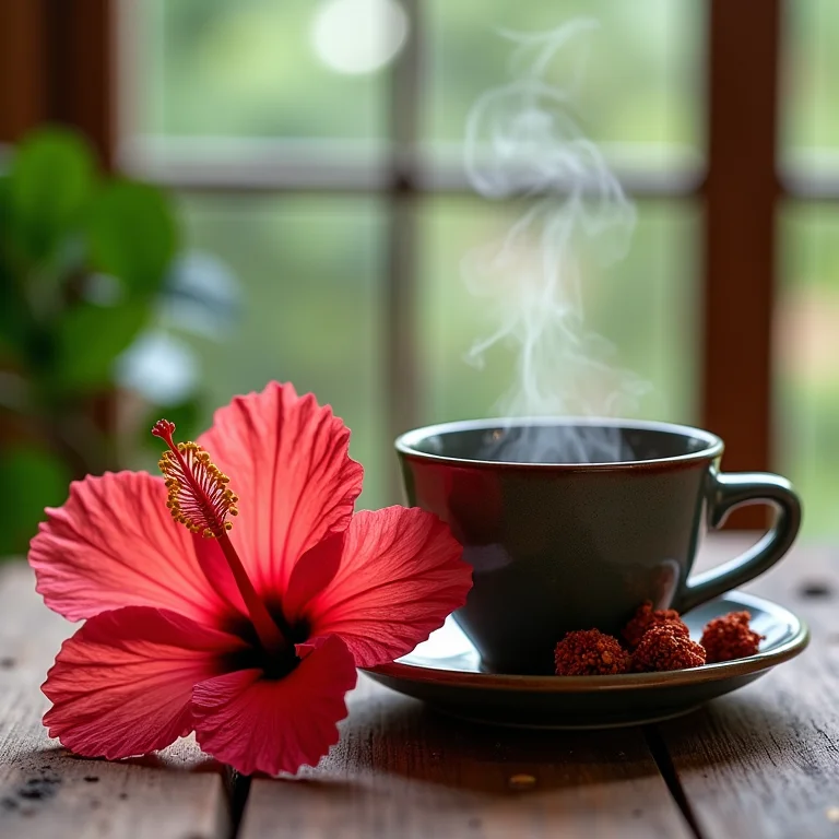 Flores frescas e secas de hibisco com xícara fumegante