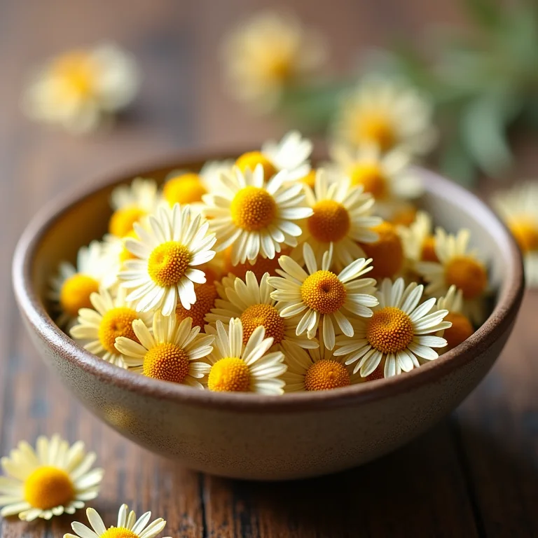 Flores secas de camomila em uma tigela de cerâmica.