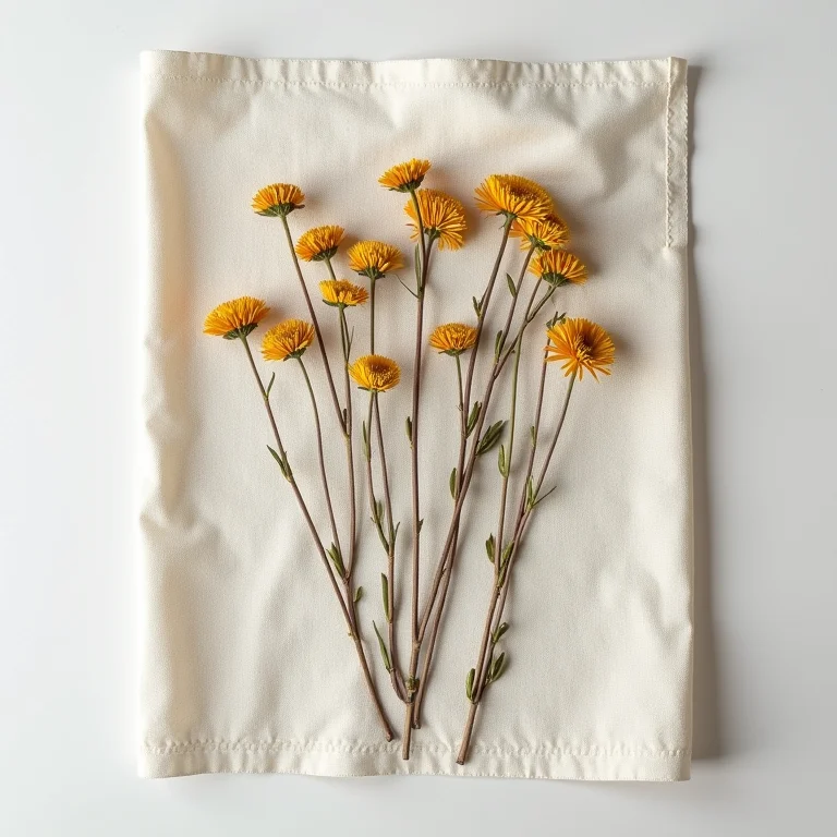 Flores secas de ulmaria dispostas sobre um tecido de linho.