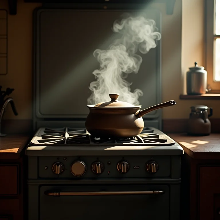 Fogão tradicional com panela para ferver água.