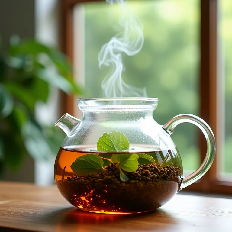 Folhas de chá em infusão em bule de vidro com vapor