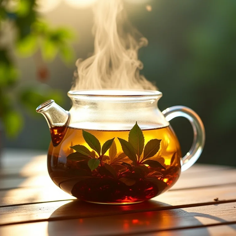 Folhas de chá em infusão em bule de vidro transparente com vapor