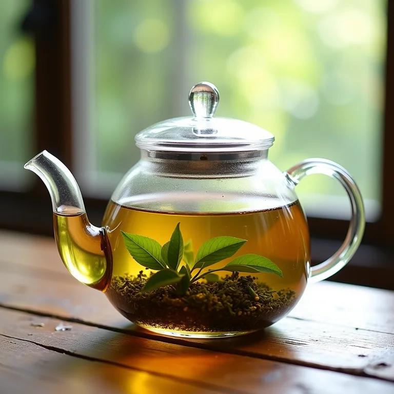 Folhas de chá em infusão em bule de vidro