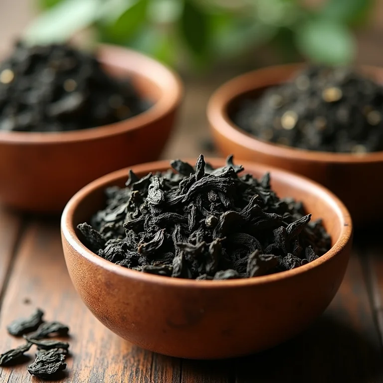 Folhas de chá preto e chá oolong em recipientes de madeira.