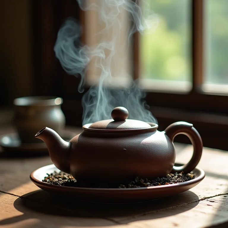 Folhas de chá preto em infusão em bule de cerâmica