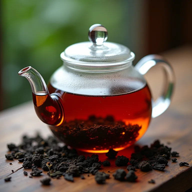 Folhas de chá preto em infusão em bule de vidro.