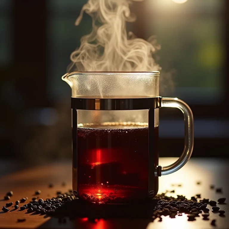 Folhas de chá preto sendo preparadas em prensa francesa