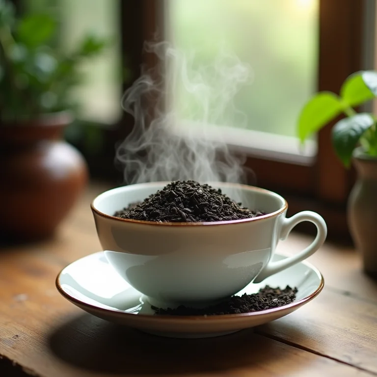 Folhas de chá preto sendo preparadas em uma xícara de porcelana