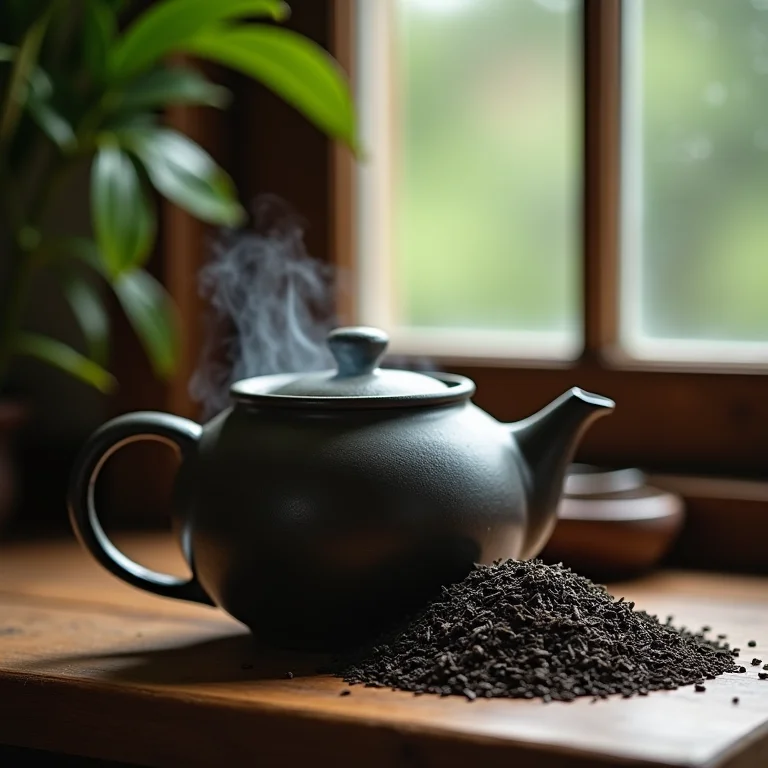 Folhas de chá preto soltas e bule de cerâmica com chá preto em infusão.