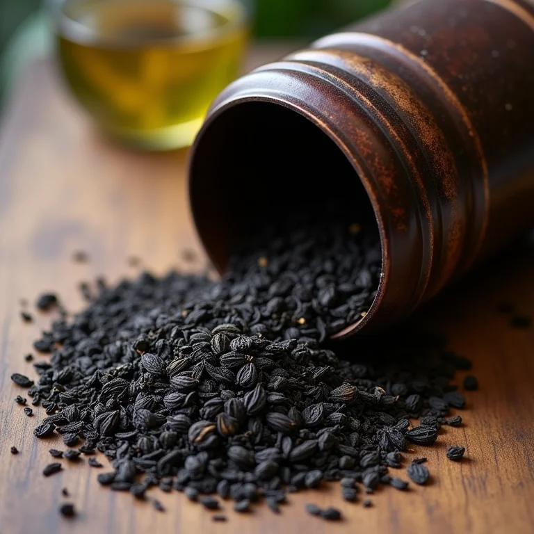 Folhas de chá preto soltas perto de uma lata de chá vintage.