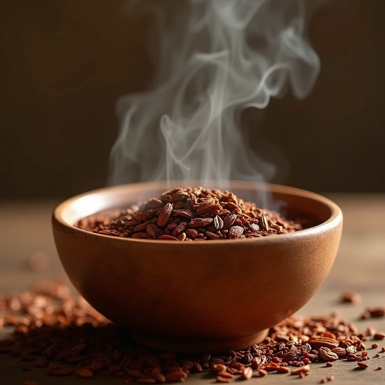 Folhas de chá rooibos em tigela de madeira e xícara de chá rooibos fumegante