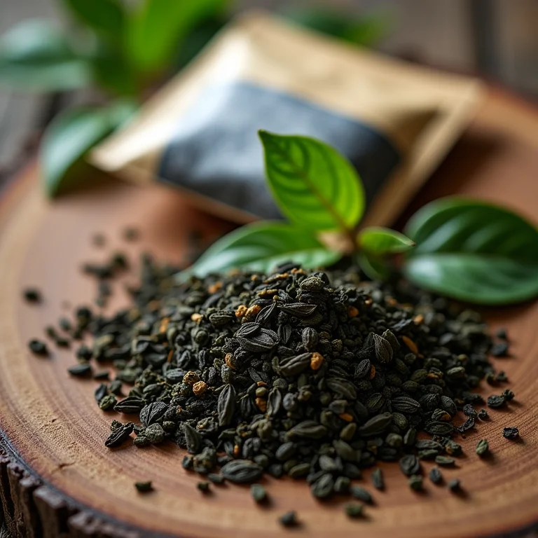 Folhas de chá soltas e sachês em superfície de madeira rústica.