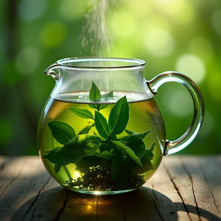 Folhas de chá verde em bule de vidro durante o preparo