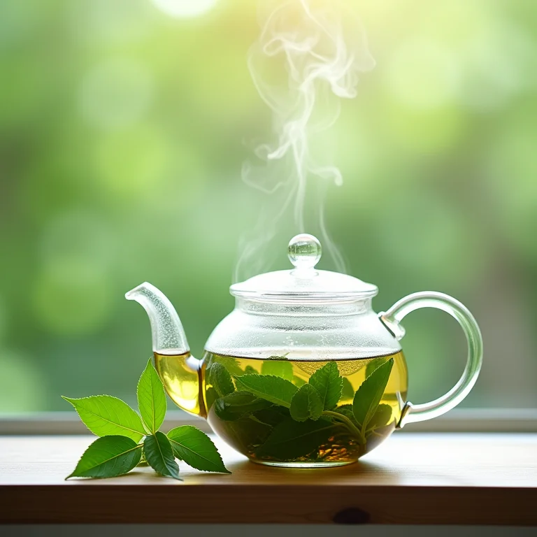 Folhas de chá verde em infusão em bule de vidro