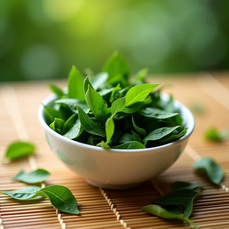 Folhas de chá verde em um bowl de cerâmica