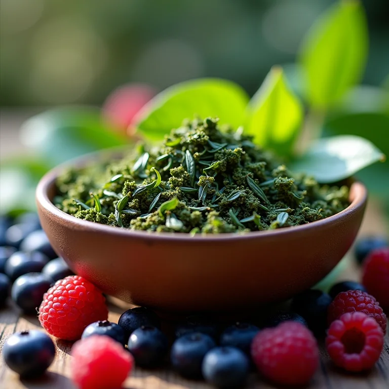 Folhas de chá verde em uma tigela de cerâmica, cercadas por diversas frutas vermelhas, destacando as propriedades antioxidantes.