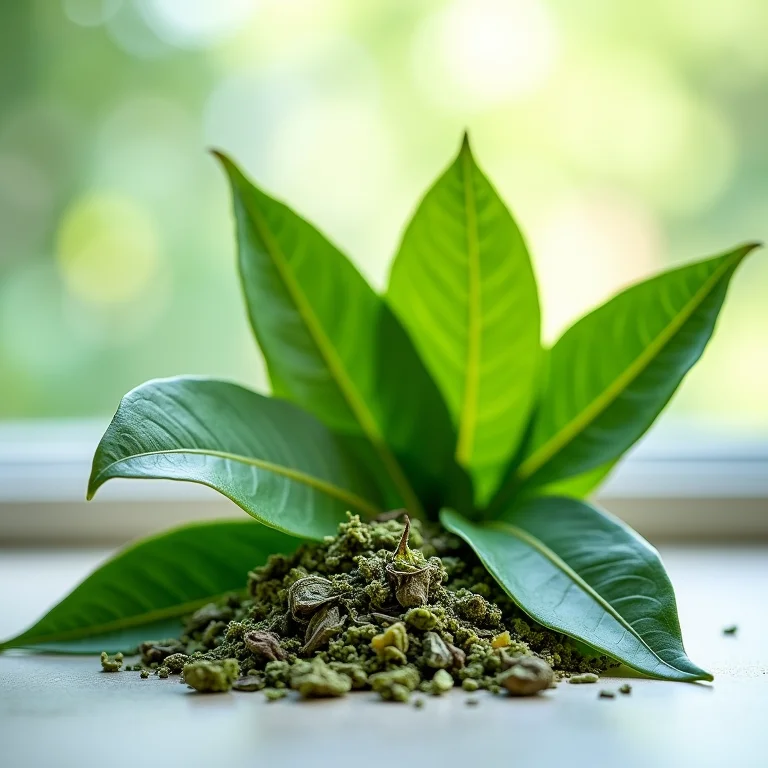 Folhas de chá verde frescas e secas, ricas em antioxidantes
