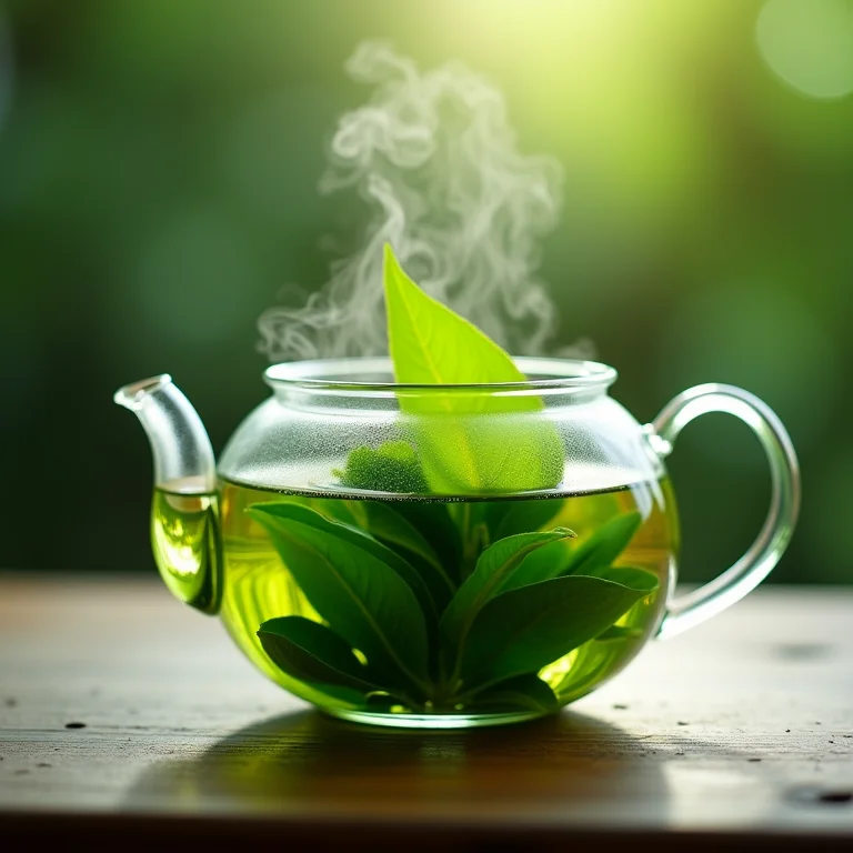 Folhas de chá verde se abrindo em água quente