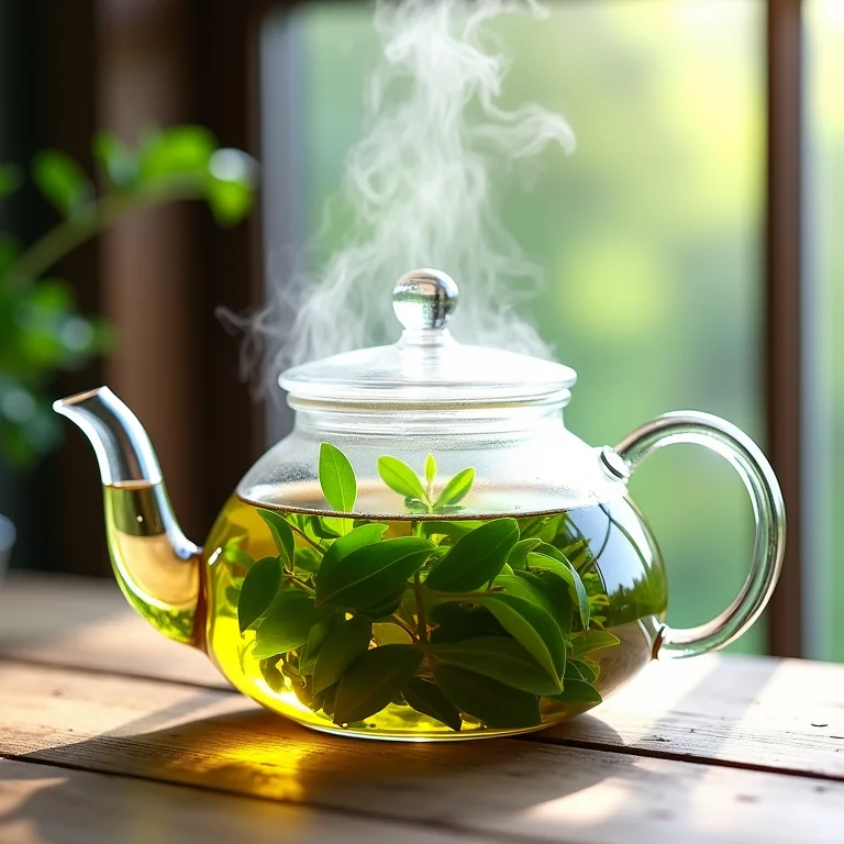 Folhas de chá verde sendo preparadas em uma chaleira de vidro