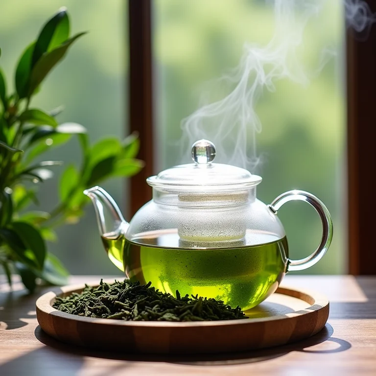 Folhas de chá verde soltas e bule de vidro com chá verde em infusão.