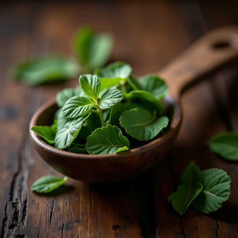 Folhas de erva mate em uma colher de medida, representando o auxílio na perda de peso.