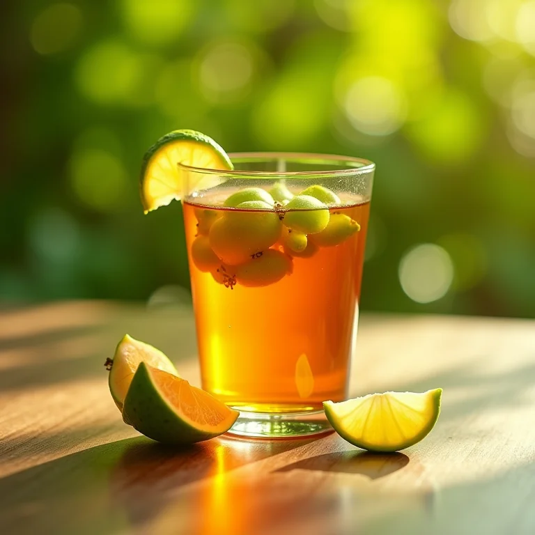 Folhas de goiaba e chá em um copo de vidro com uma luz brilhante mostrando as propriedades antioxidantes