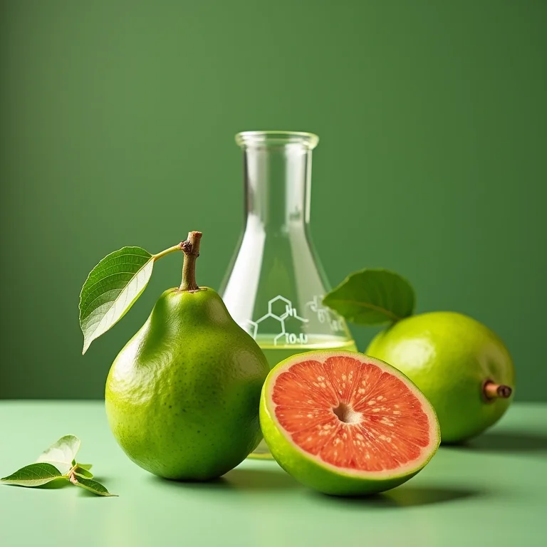 Folhas de goiaba e um béquer com compostos químicos em um ambiente de laboratório