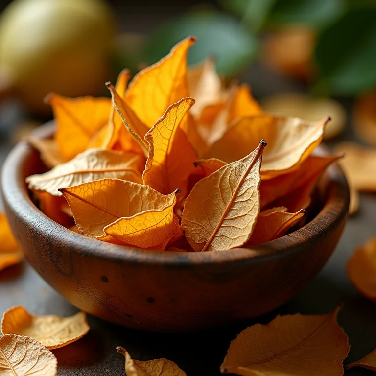 Folhas de goiaba secas em recipiente de madeira.
