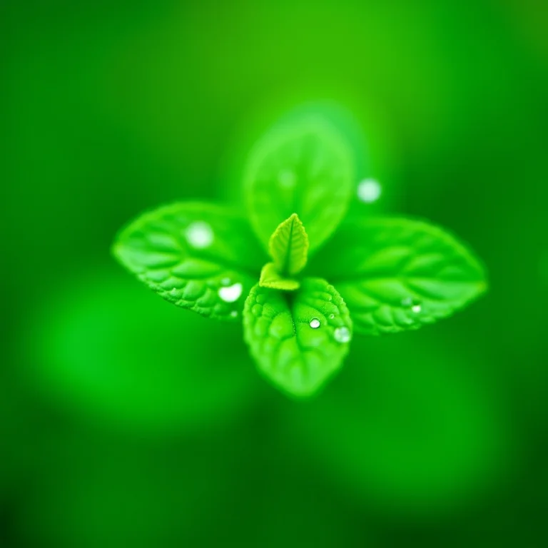 Folhas de hortelã fresca com gotas de orvalho