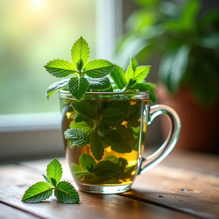 Folhas de hortelã fresca em infusão em copo de vidro.