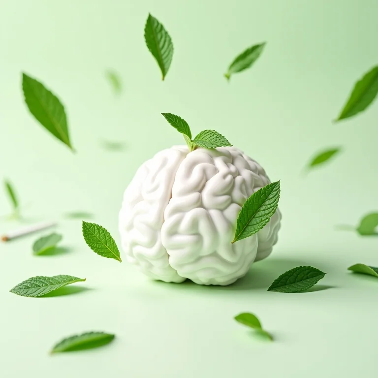 Folhas de hortelã frescas ao redor de modelo de cérebro e bloco de notas