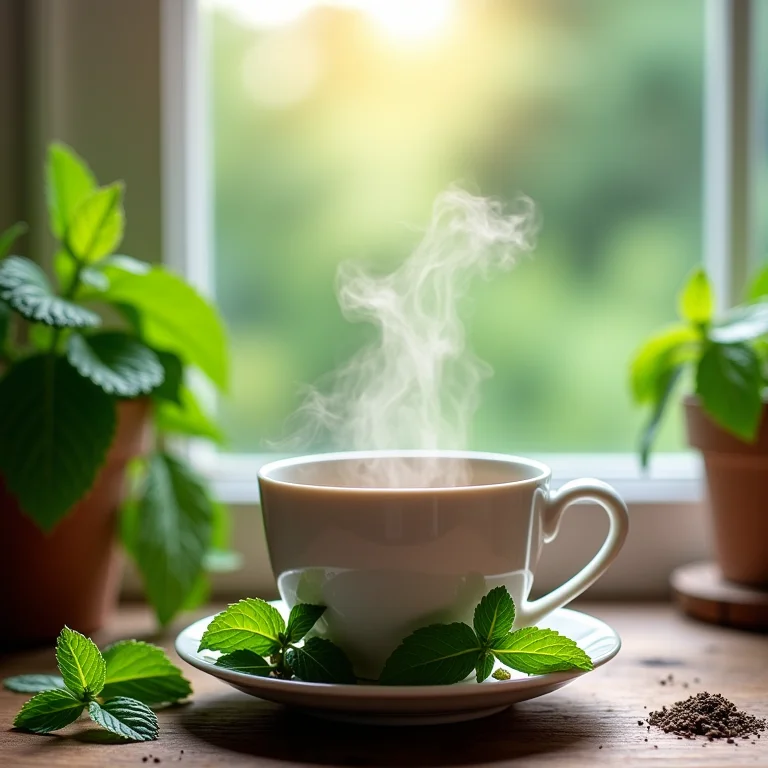 Folhas de hortelã-pimenta frescas e chá de hortelã-pimenta fumegante em xícara de porcelana