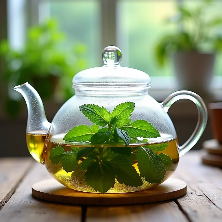 Folhas de hortelã-pimenta frescas em infusão em bule de vidro.