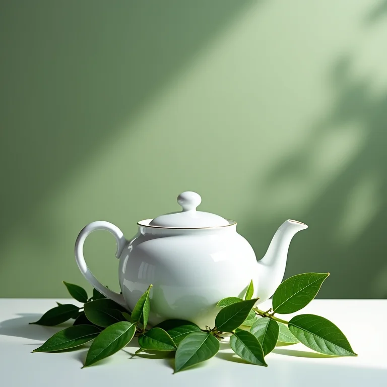 Folhas de louro frescas (Laurus nobilis) em volta de um bule de porcelana.