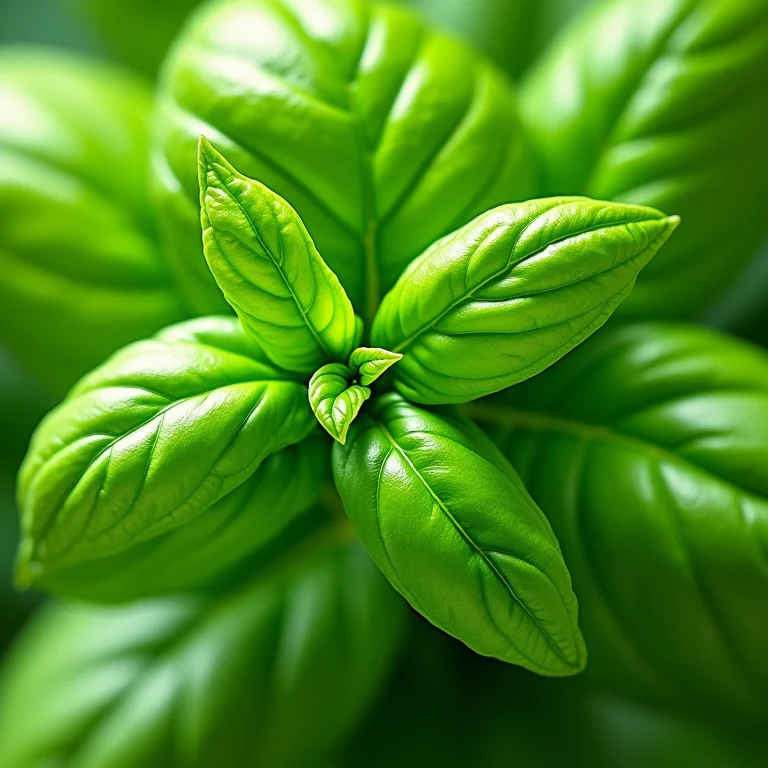 Folhas de manjericão fresco dispostas em espiral.