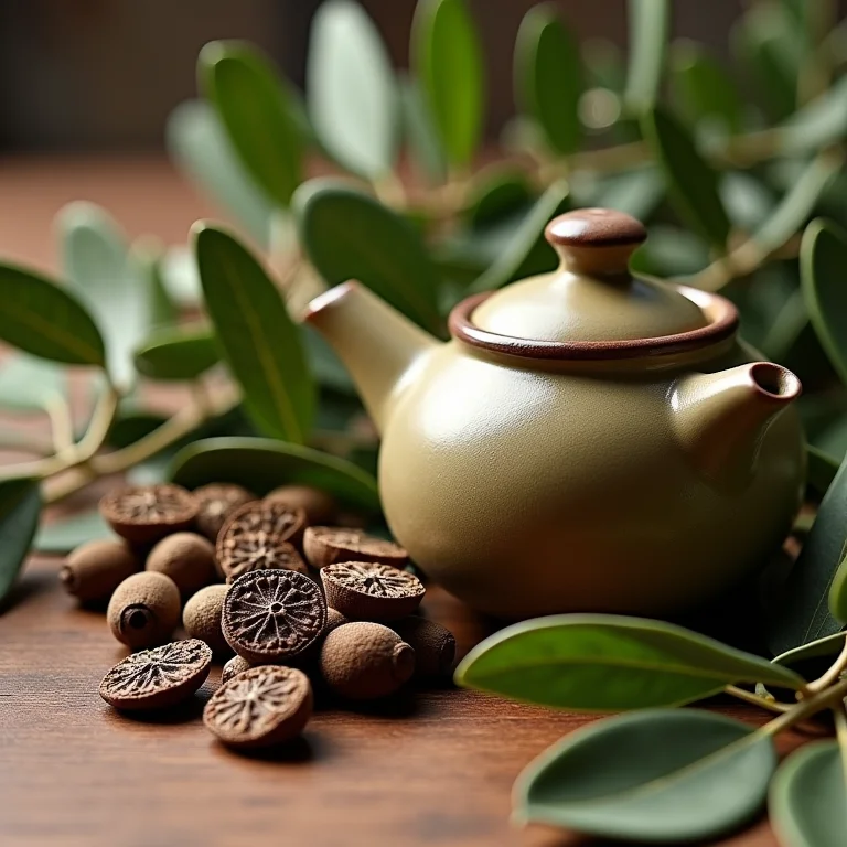 Folhas de oliveira frescas e secas ao lado de bule de cerâmica.